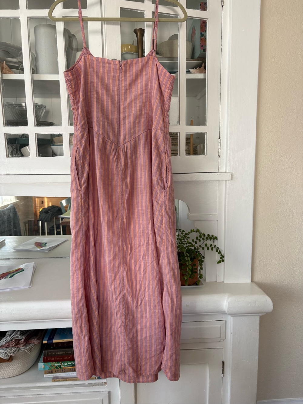 American Eagle Pink and Peach Striped Smocked Bodice Midi Dress - Picture 3 of 8